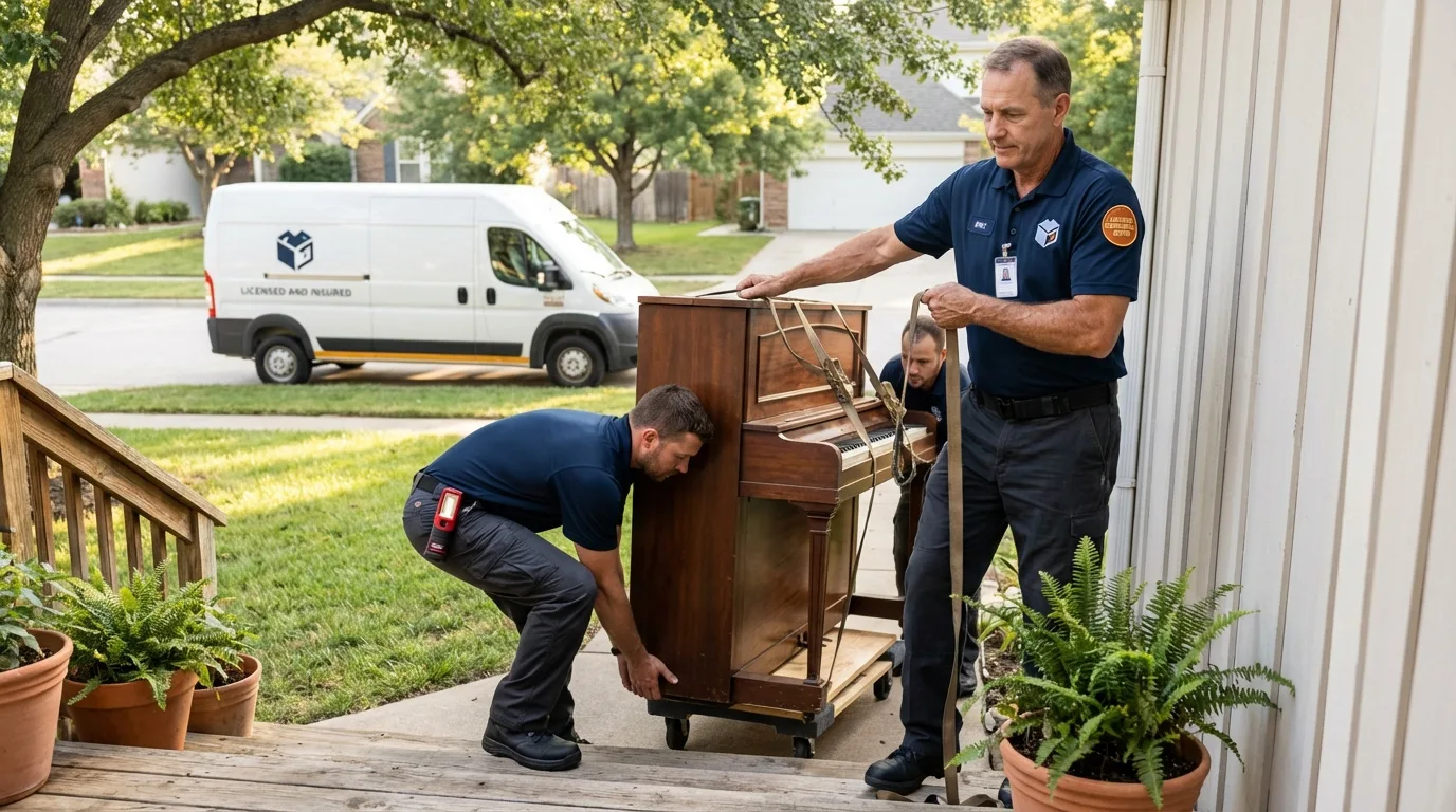 Licensed piano movers securing grand piano in Asherton, TX