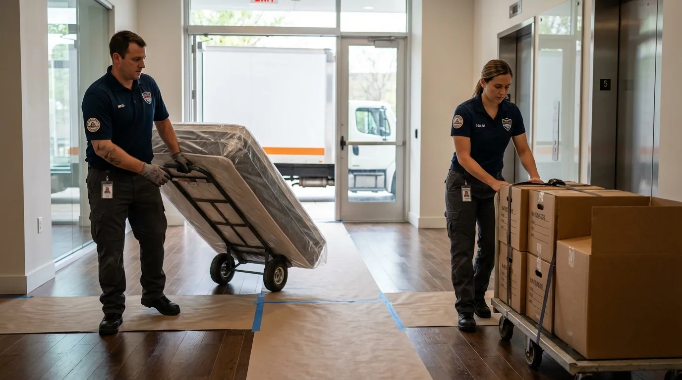 Professional apartment movers loading elevator in Asherton, TX