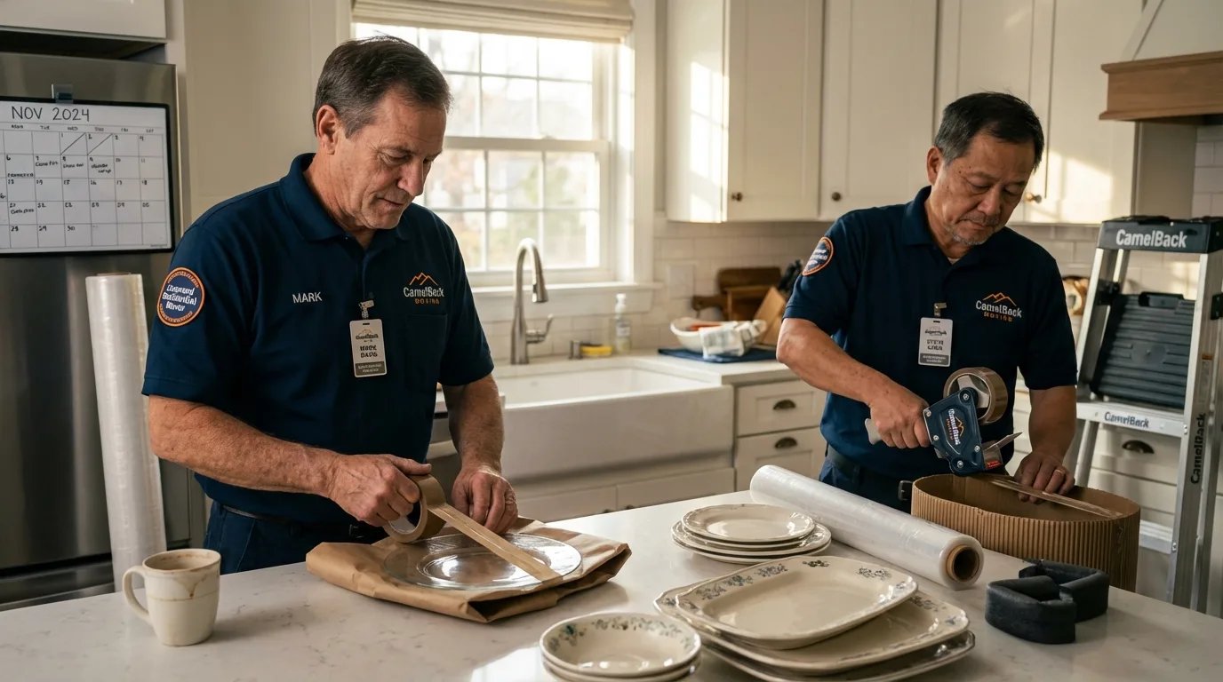 Professional crew packing kitchen dishware in Asherton, TX